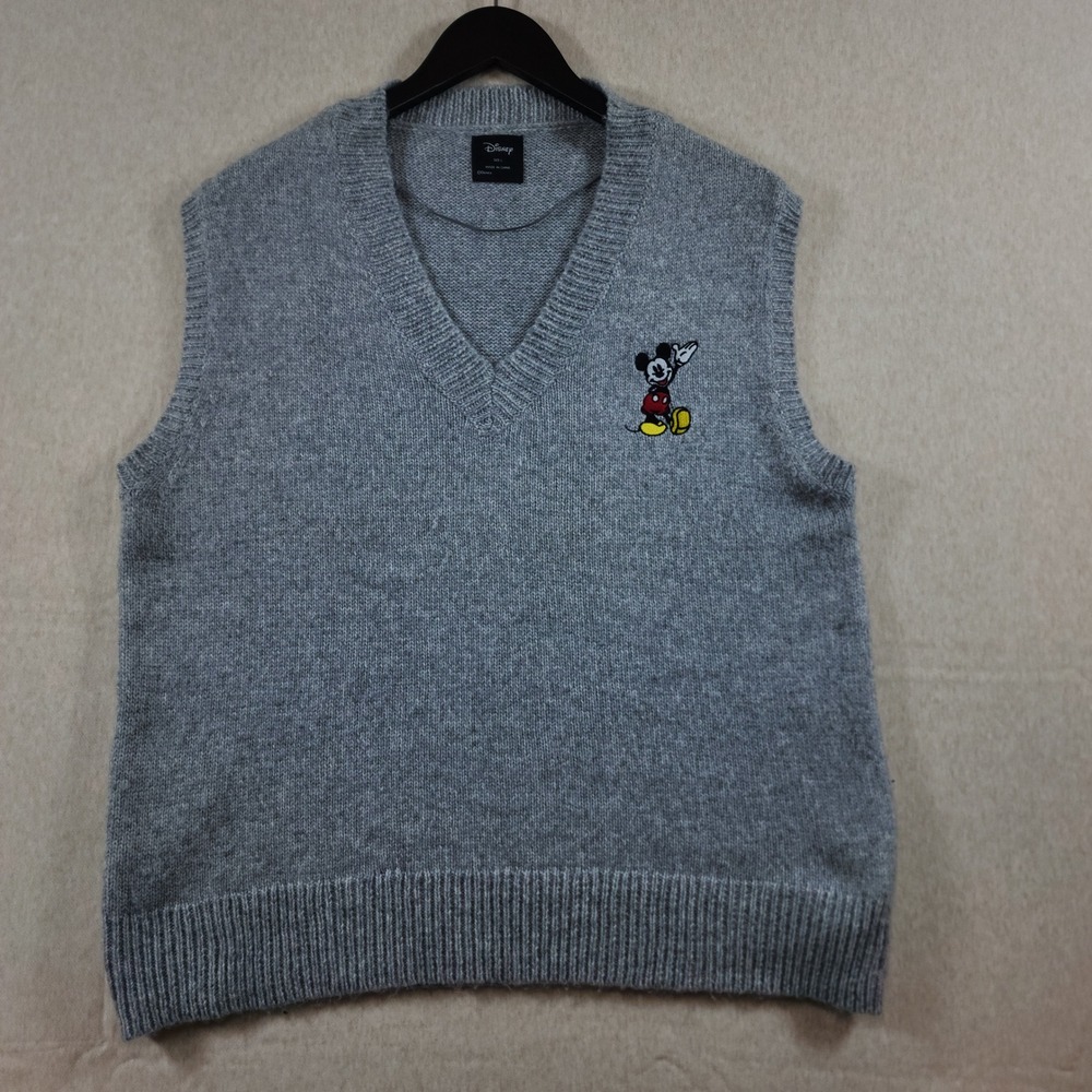 Disney Mickey Mouse Knit Sweater Vest Size L Gray Preppy Dark Academia Aesthetic